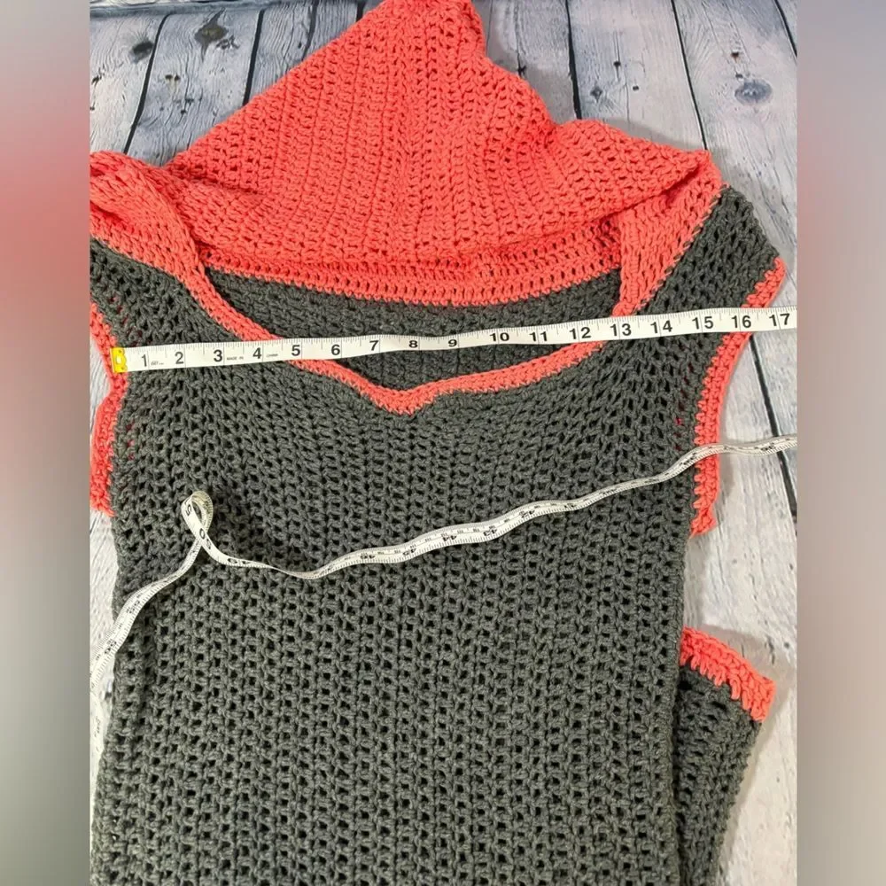 Handknit Gray Melon Cap Sleeve Pullover Hooded Boho Whimsigoth Sweater Vest S